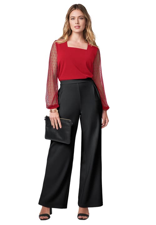Jessica London Stretch Crepe Square Neck Mixed Media Top In Red