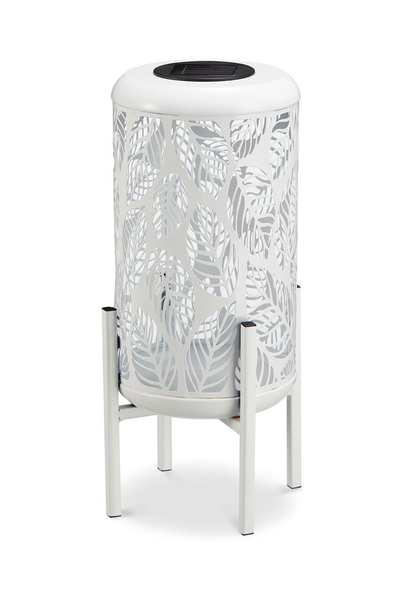 Metal Cutout Leaves LED Solar Powered Outdoor Lantern with Stand, Alternate, color, White