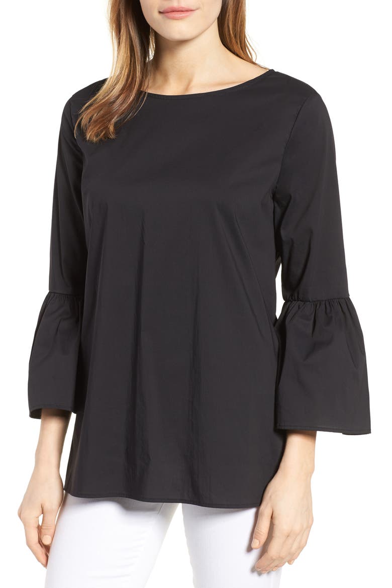 Gibson Bell Sleeve Poplin Top, Main, color, BLACK