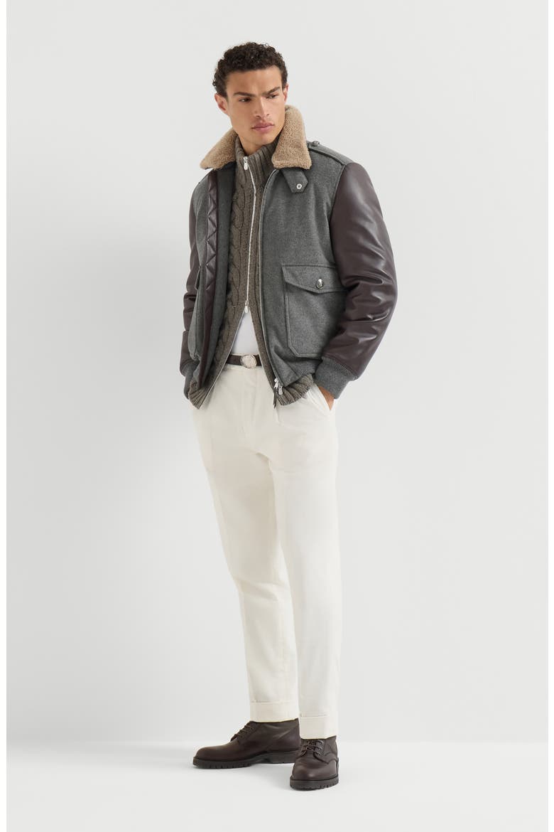 Bonded cashmere beaver cloth and nappa leather bomber jacket with  Thermore® padding and detachable shearling collar, Alternate, color, Medium Grey