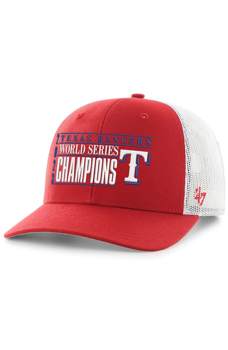 '47 Men's '47 Red Texas Rangers 2023 World Series Champions Trucker Adjustable Hat, Main, color,