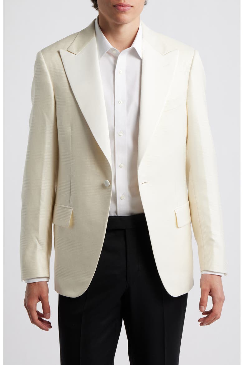 Ivory Plaid Jacquard Wool & Silk Peak Lapel Dinner Jacket, Main, color, OFF WHITE