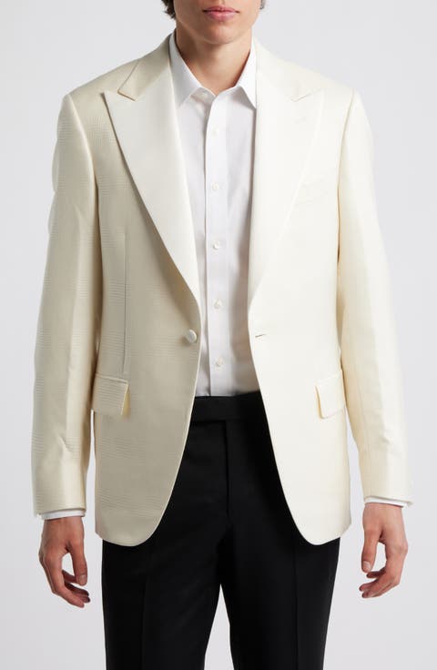 Ivory Plaid Jacquard Wool & Silk Peak Lapel Dinner Jacket (Regular & Big)
