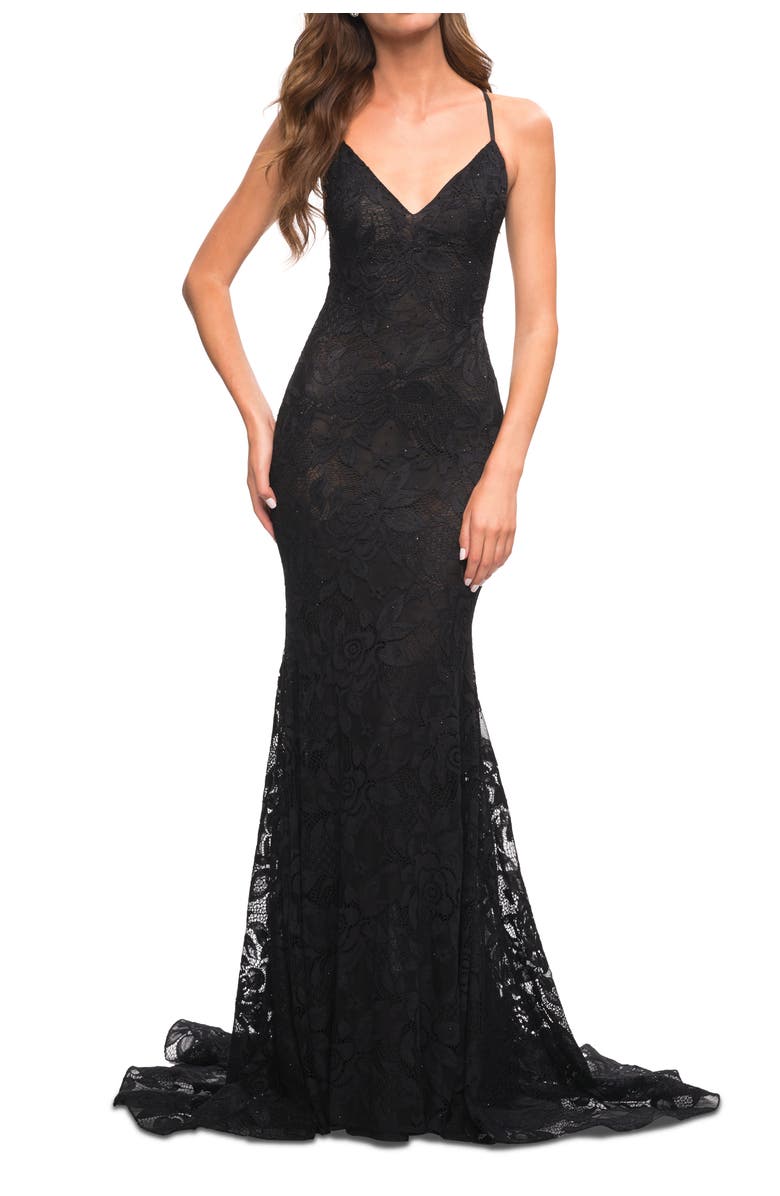 La Femme Stunning Mermaid Stretch Lace Gown with Low Back, Main, color, Black