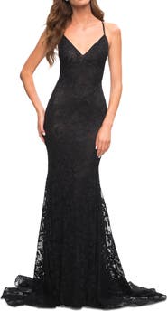 La Femme Stunning Mermaid Stretch Lace Gown with Low Back