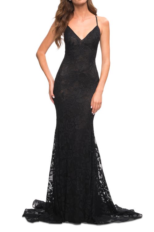 La Femme Stunning Mermaid Stretch Lace Gown With Low Back In Black