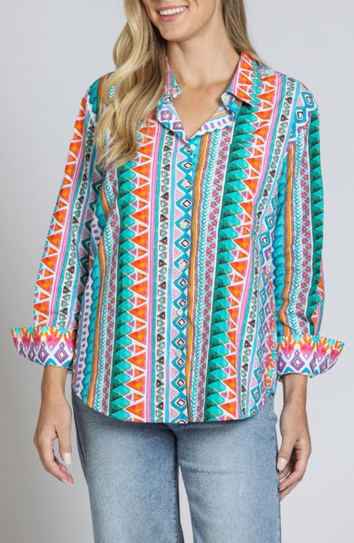 Apny Print Cotton Button-up Shirt In Turquoise Multi
