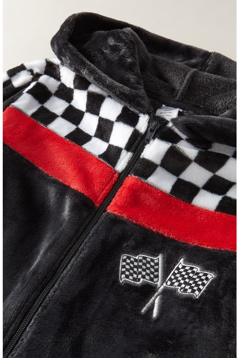Kids' Hooded Fleece Sleeper Romper, Alternate, color, RED- BLACK RACER FLAG