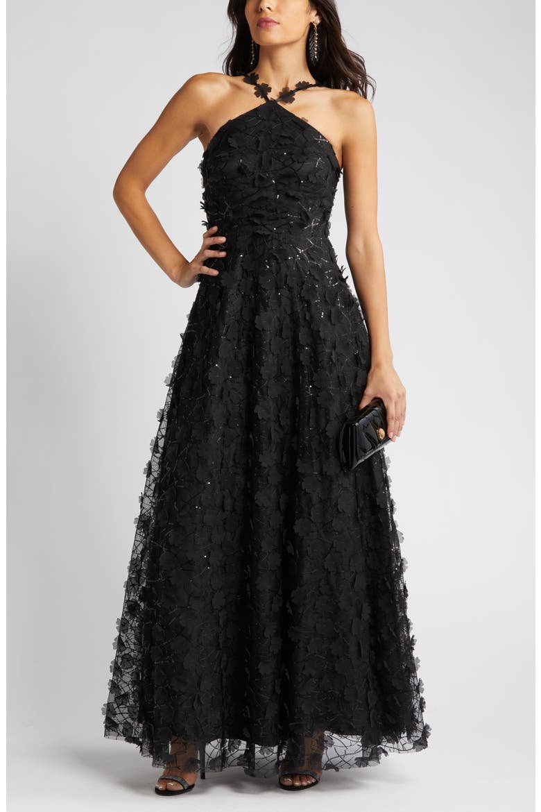 Floating Flow Floral Sequin Halter Ballgown, Main, color, BLACK