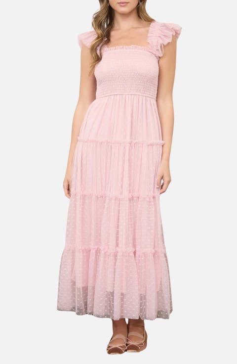 Mesh Smocked Tiered Midi Dress