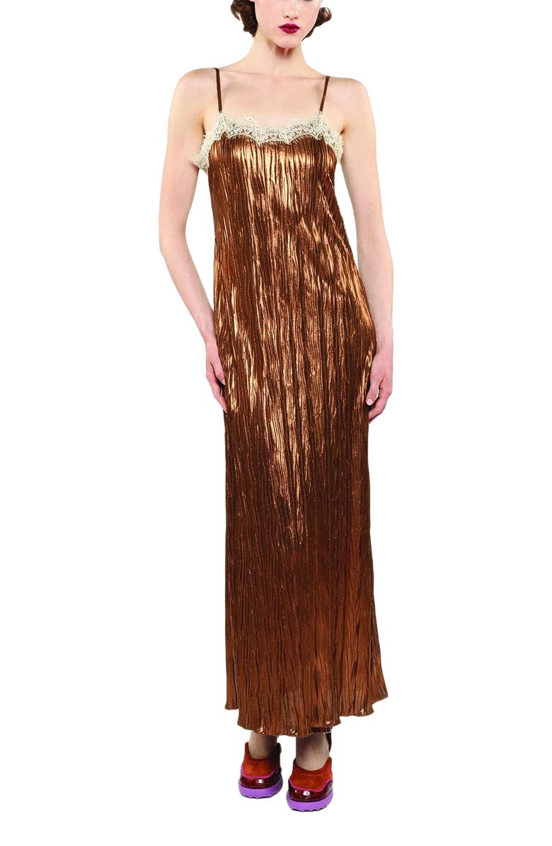 Anna Sui Fortuny Pleats Lace Slip Maxi Dress, Main, color, Bronze