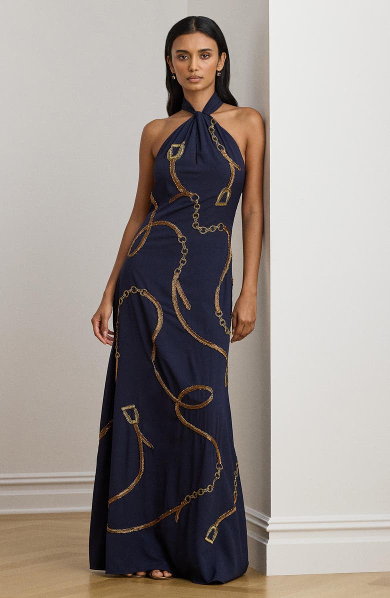 Lauren Ralph Lauren Beaded Sequin Halter Gown, Alternate, color, Navy Multi