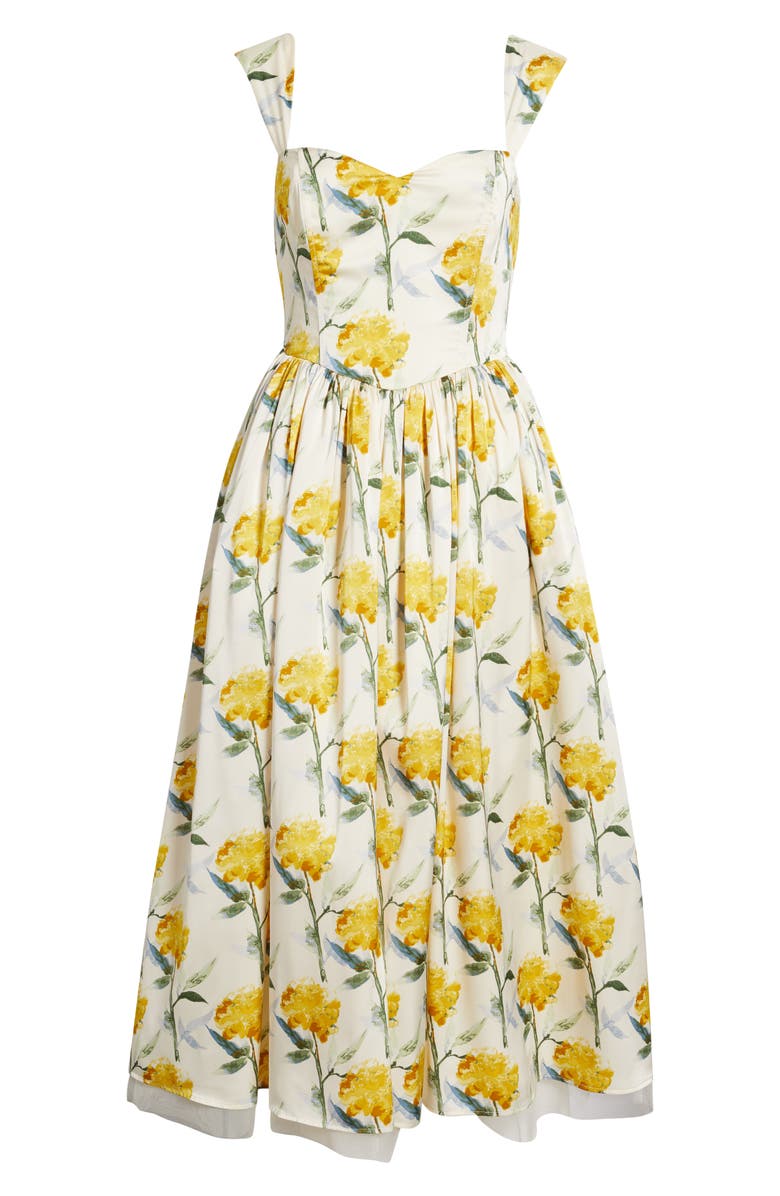 Lulus Nadia Floral Satin Midi Dress, Alternate, color, Yellow Floral