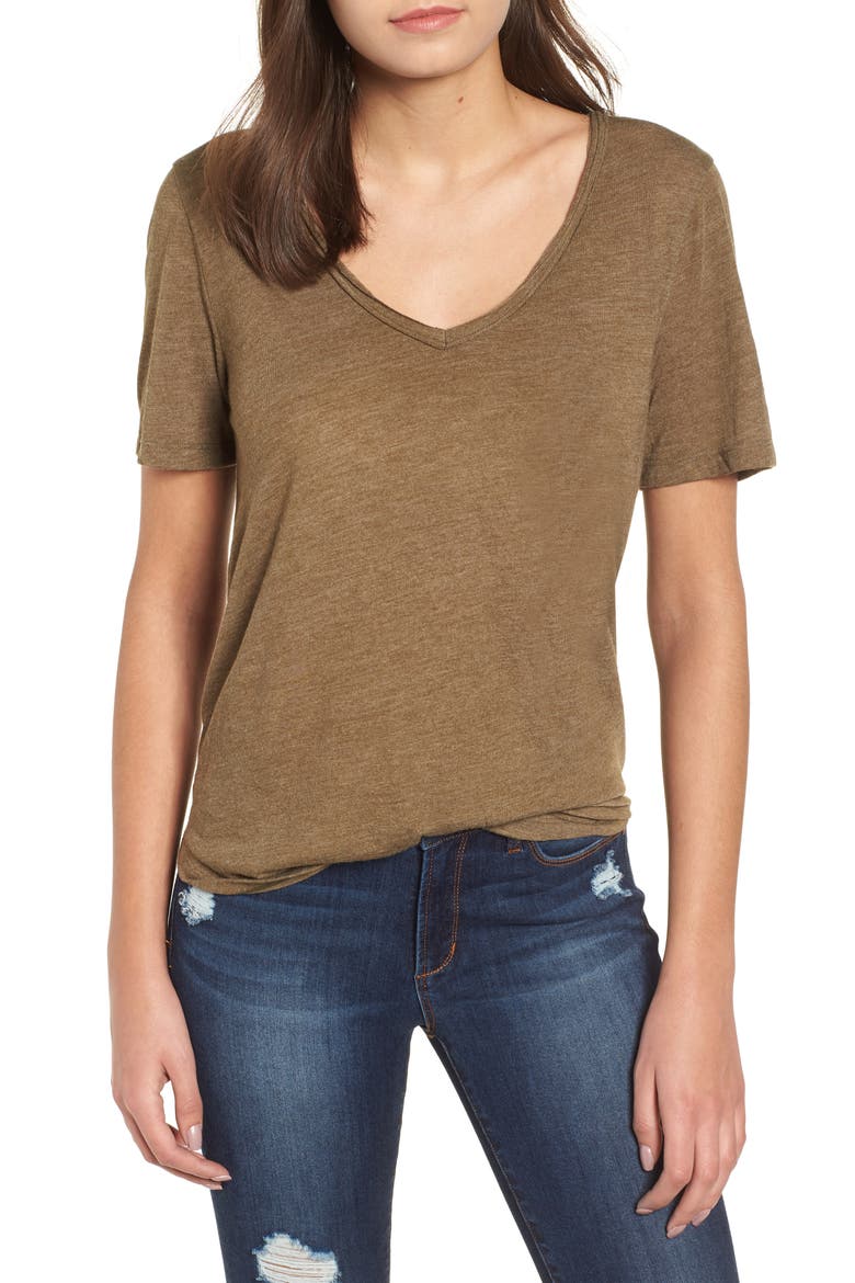Raw Edge V-Neck Tee, Main, color, OLIVE ITALY
