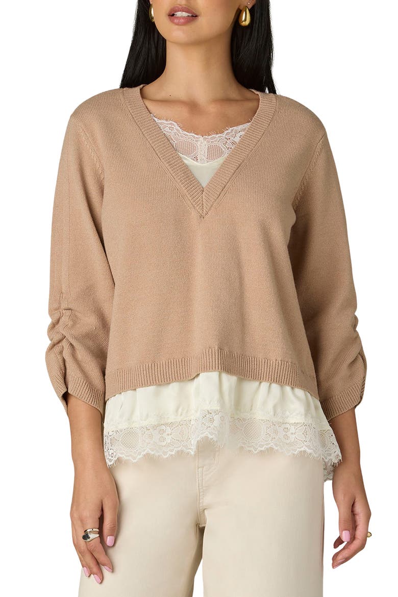 Layered Lace Trim Ruched Sleeve Sweater, Main, color, PALE OAK/ ECRU