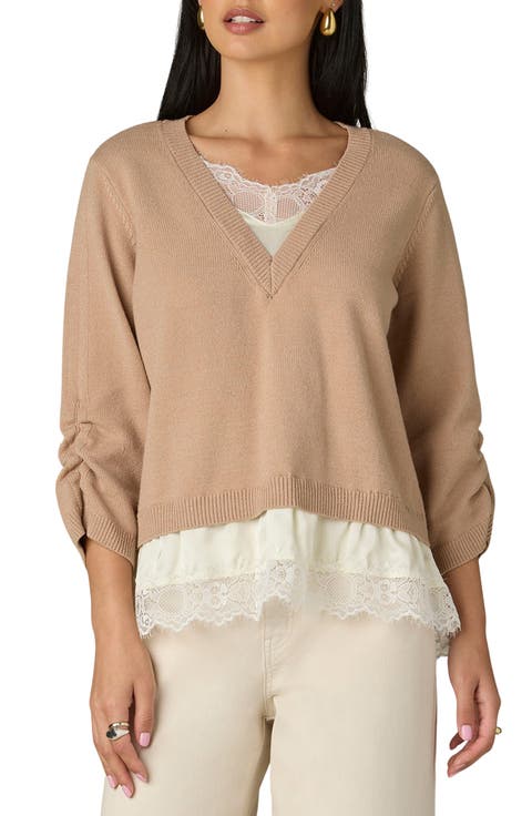 Layered Lace Trim Ruched Sleeve Sweater