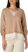 Wit & Wisdom Layered Lace Trim Ruched Sleeve Sweater