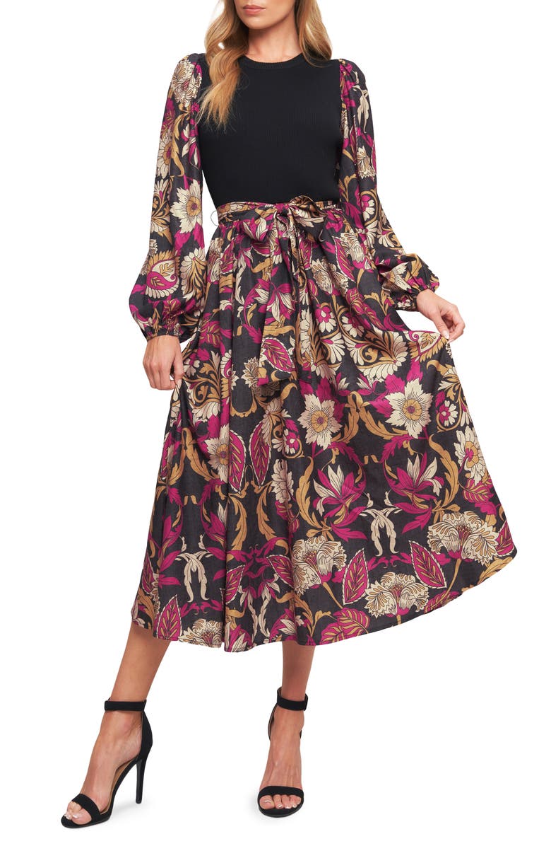 FLYING TOMATO Long Sleeve Mixed Media Fit & Flare Dress, Main, color, Black Magenta