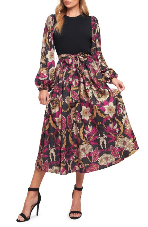 Long Sleeve Mixed Media Fit & Flare Dress