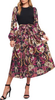 FLYING TOMATO Long Sleeve Mixed Media Fit & Flare Dress