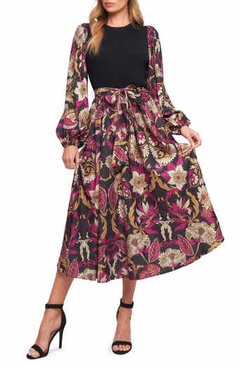 FLYING TOMATO Long Sleeve Mixed Media Fit & Flare Dress