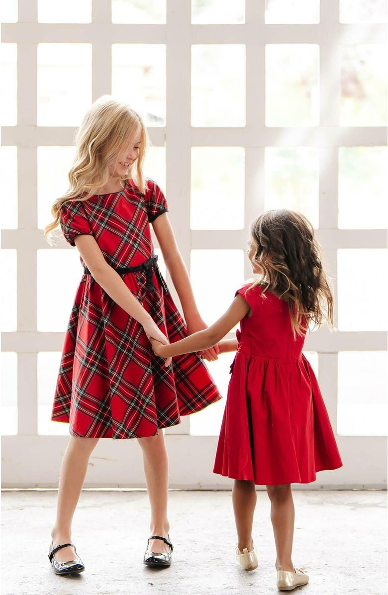 Hope & Henry Girls' Organic Cap Sleeve Party Dress with Bow Sash, Toddler, Alternate, color, Red Sateen