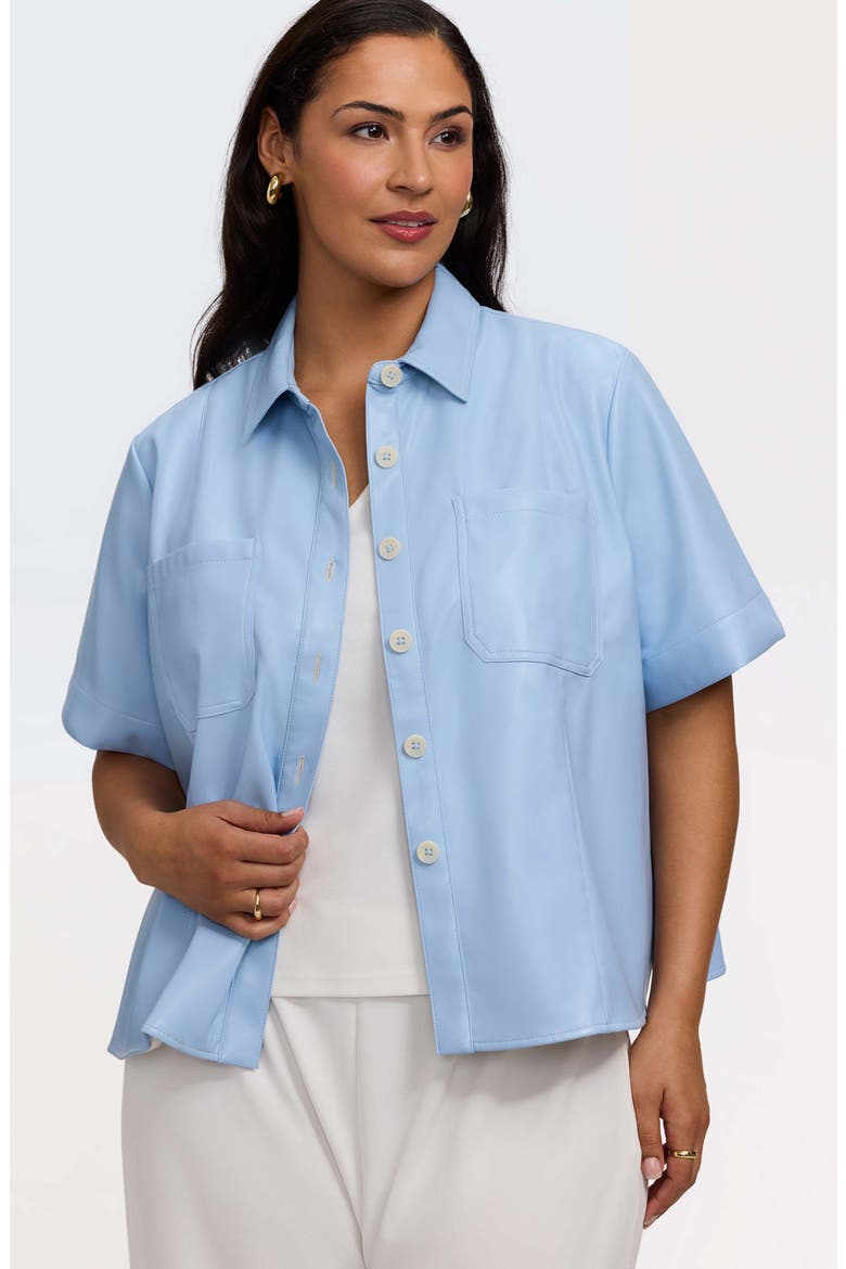 Demi Elbow Sleeve Faux Leather Button-Up Shirt, Alternate, color, SKY BLUE