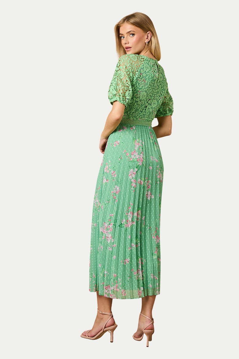 Floral Lace Bodice Pleated Midi Dress, Alternate, color, Sage