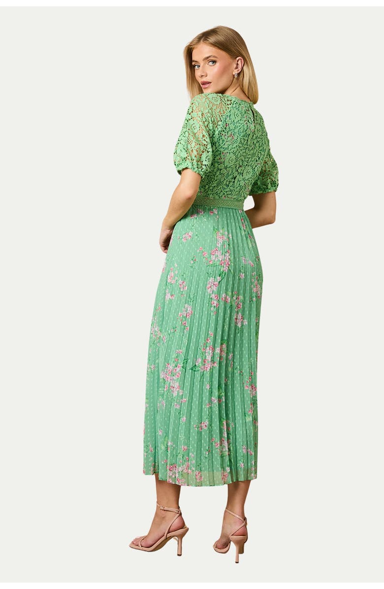 Oasis Floral Lace Bodice Pleated Midi Dress, Alternate, color, Sage
