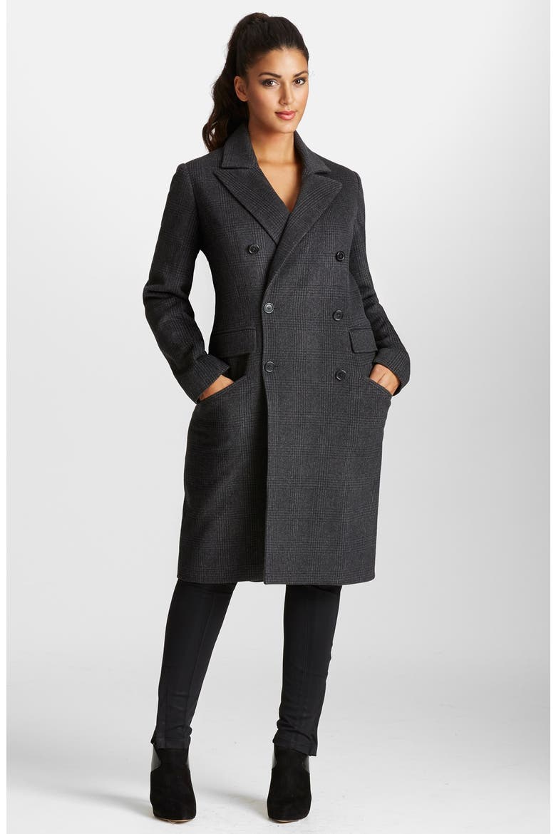Double Breasted Plaid Coat, Main, color, BLACK/CHARCOAL/PLAID