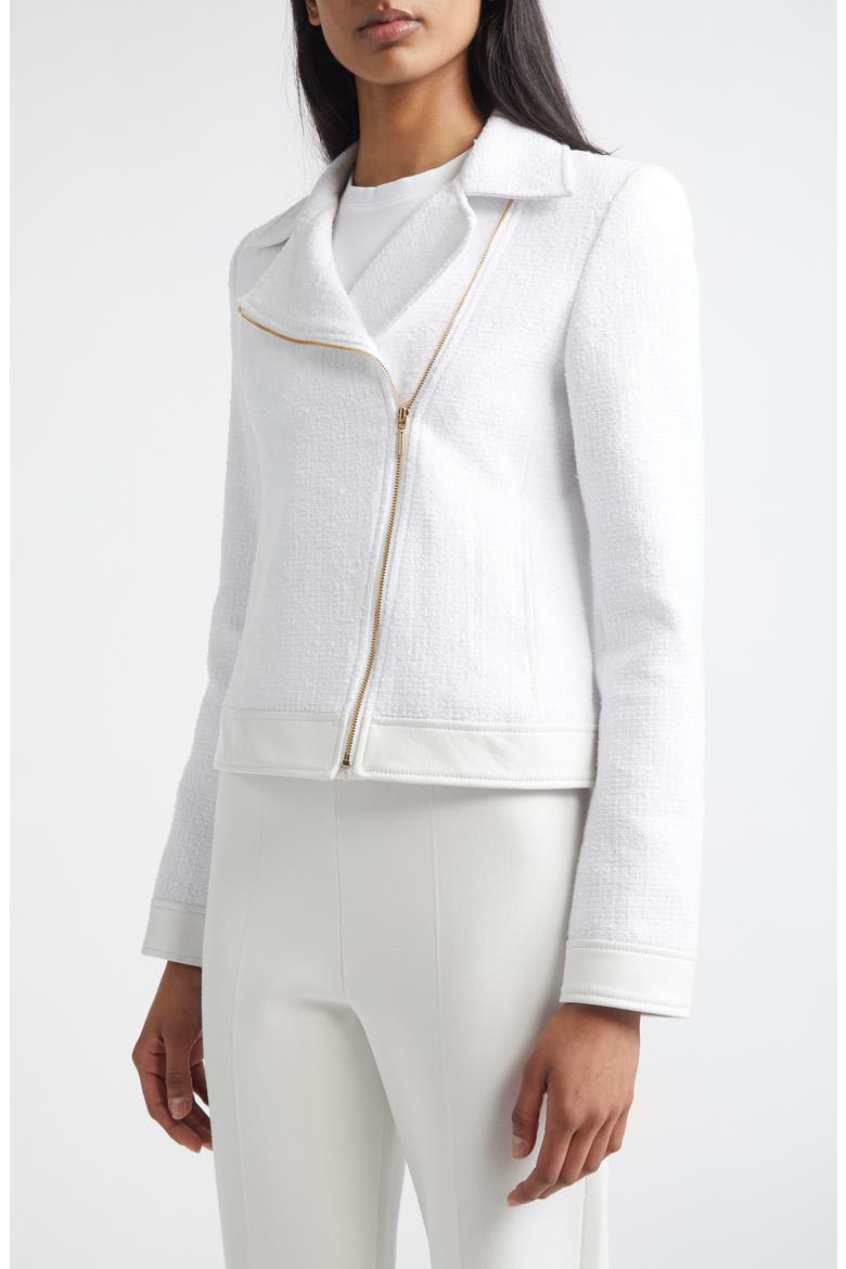 Leather Trim Matte Cotton Tweed Zip Jacket, Main, color, BRIGHT WHITE