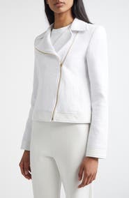 ST. JOHN Leather Trim Matte Cotton Tweed Zip Jacket