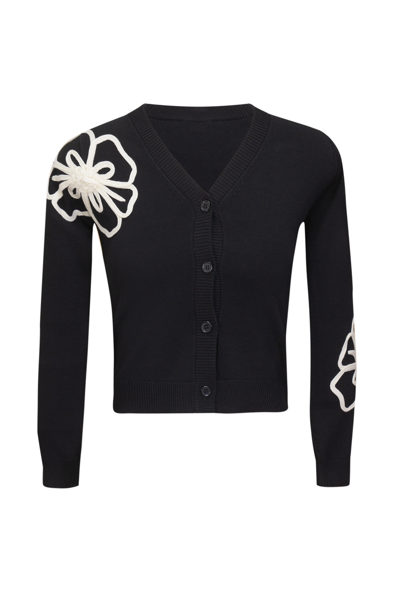 Contrast Embroidered Sleeve Detail Button Front Cardigan, Main, color, Black