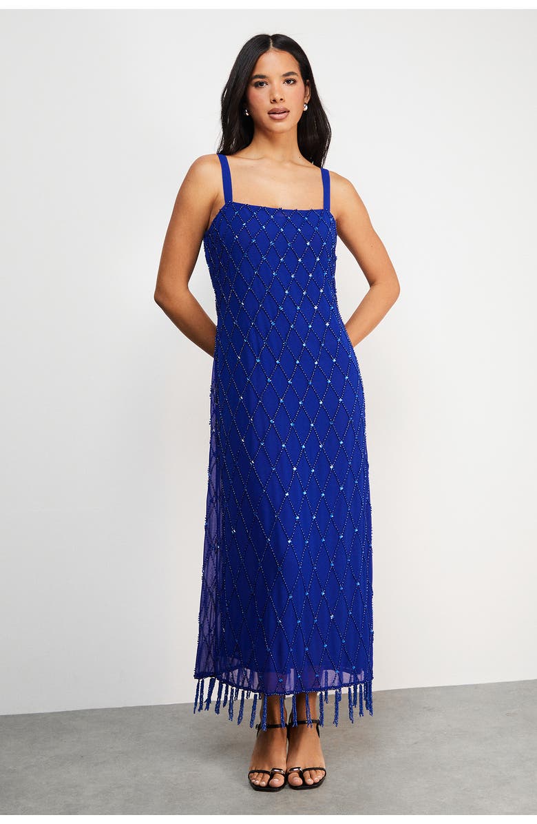 Warehouse Hand Embellished Fringe Hem Midi Dress, Main, color, Cobalt