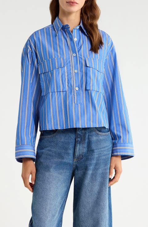 Stripe Double Pocket Cotton Button-Up Shirt
