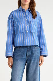 CISSA Stripe Double Pocket Cotton Button-Up Shirt