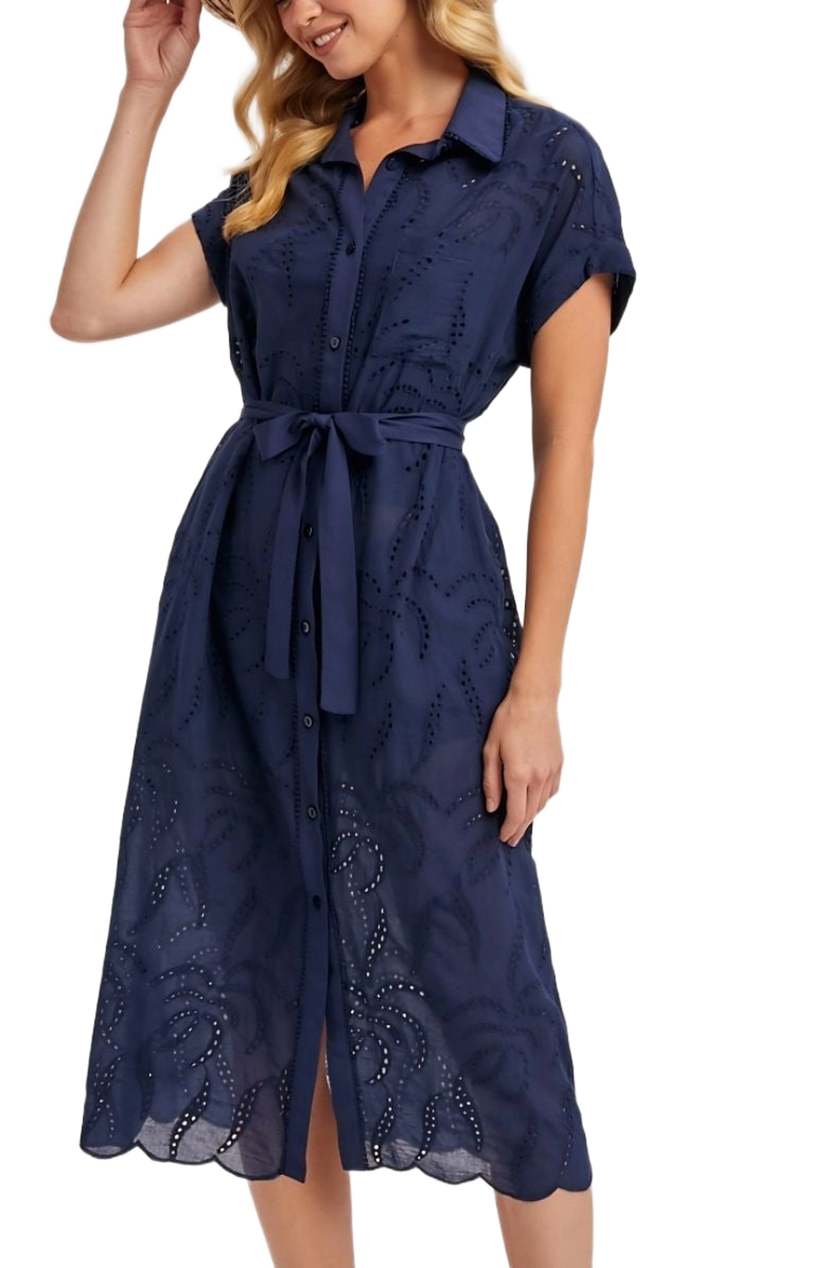 Eyelet Button Front Tie Waist Short Sleeve Scalloped Hem Shirt Dress