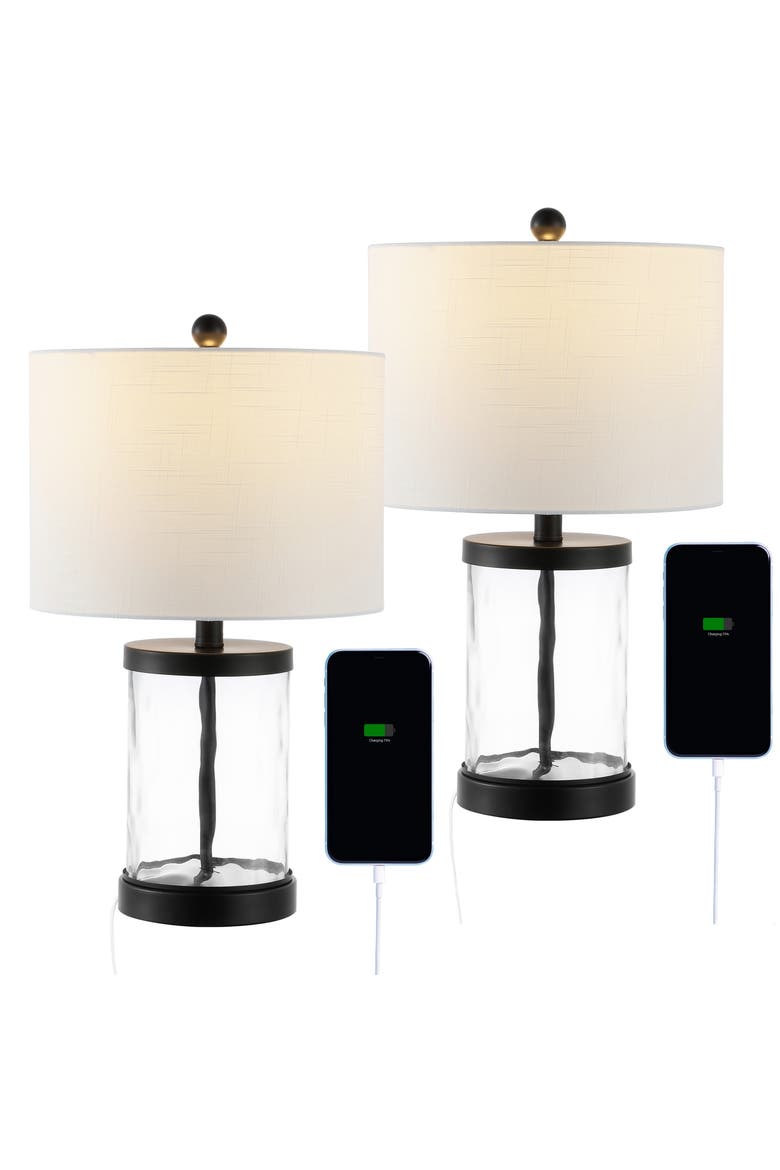 Alexander Modern Designer Iron/Water Glass LED Table Lamp with USB Charging Port, Alternate, color, Black/Clear