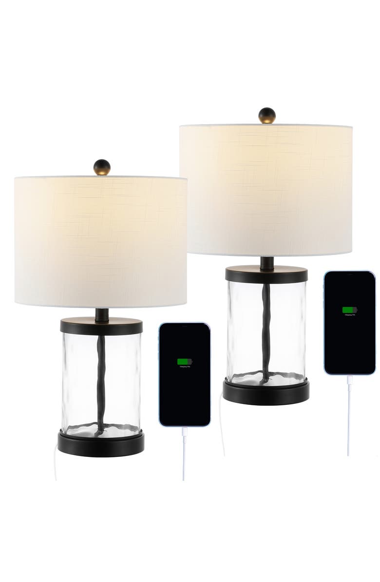 JONATHAN Y Alexander Modern Designer Iron/Water Glass LED Table Lamp with USB Charging Port, Alternate, color, Black/Clear