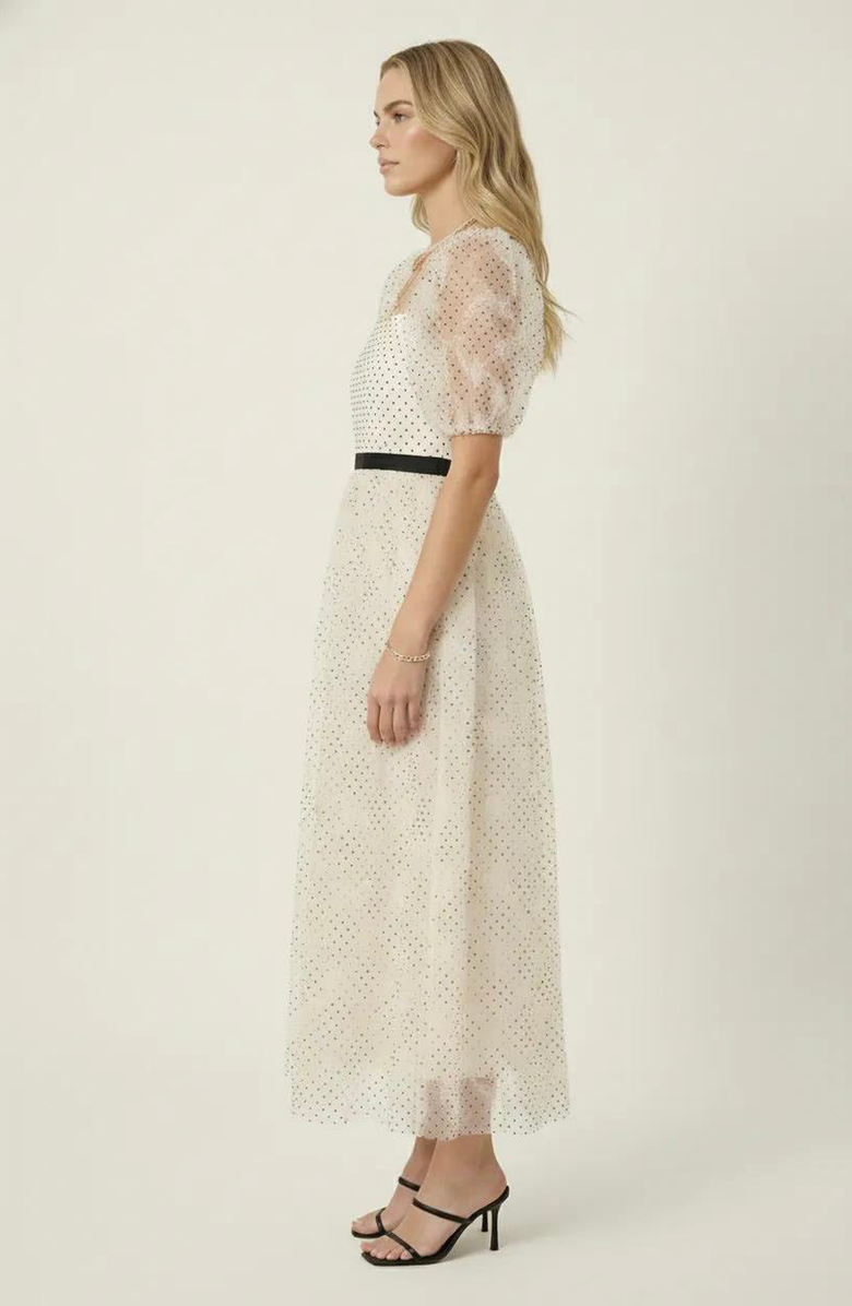 Modenaire Embroidered Puff Sleeve Square-Neck Midi Dress, Alternate, color,