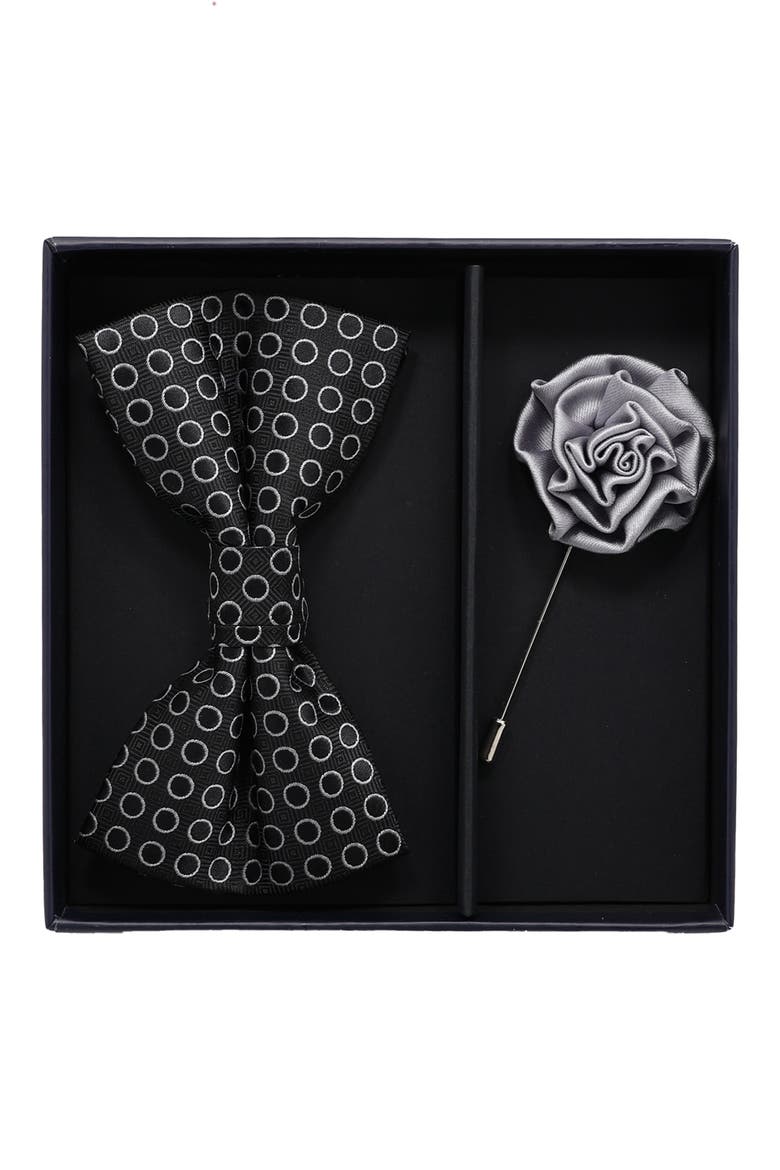 Bow Tie & Lapel Pin Set, Main, color, BLACK LIGHT GREY