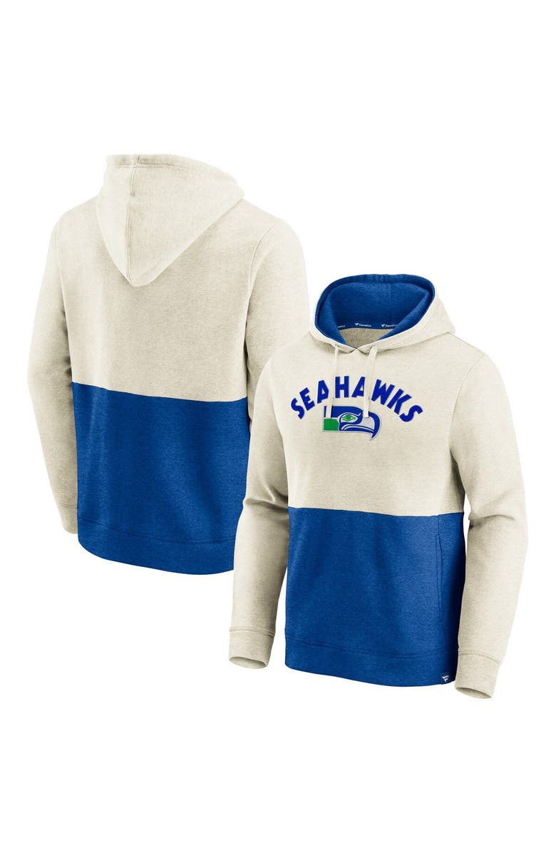 FANATICS Men's Fanatics Branded Oatmeal/Royal Seattle Seahawks Throwback Arch Colorblock Pullover Hoodie, Alternate, color, 