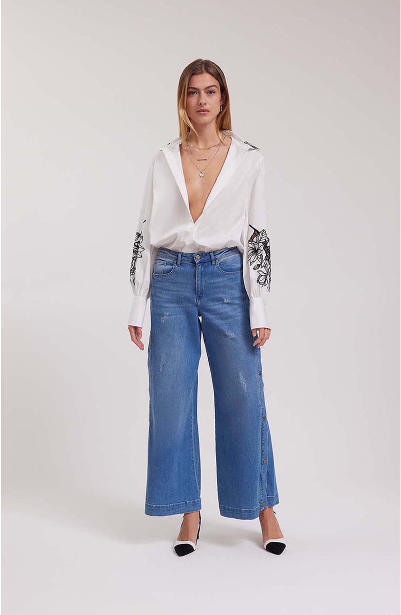 Anne Fontaine Women's Shirt Leonie White Long Sleeve Cotton Poplin Shirt With Black Embroidered Flowers, Alternate, color, Black/White