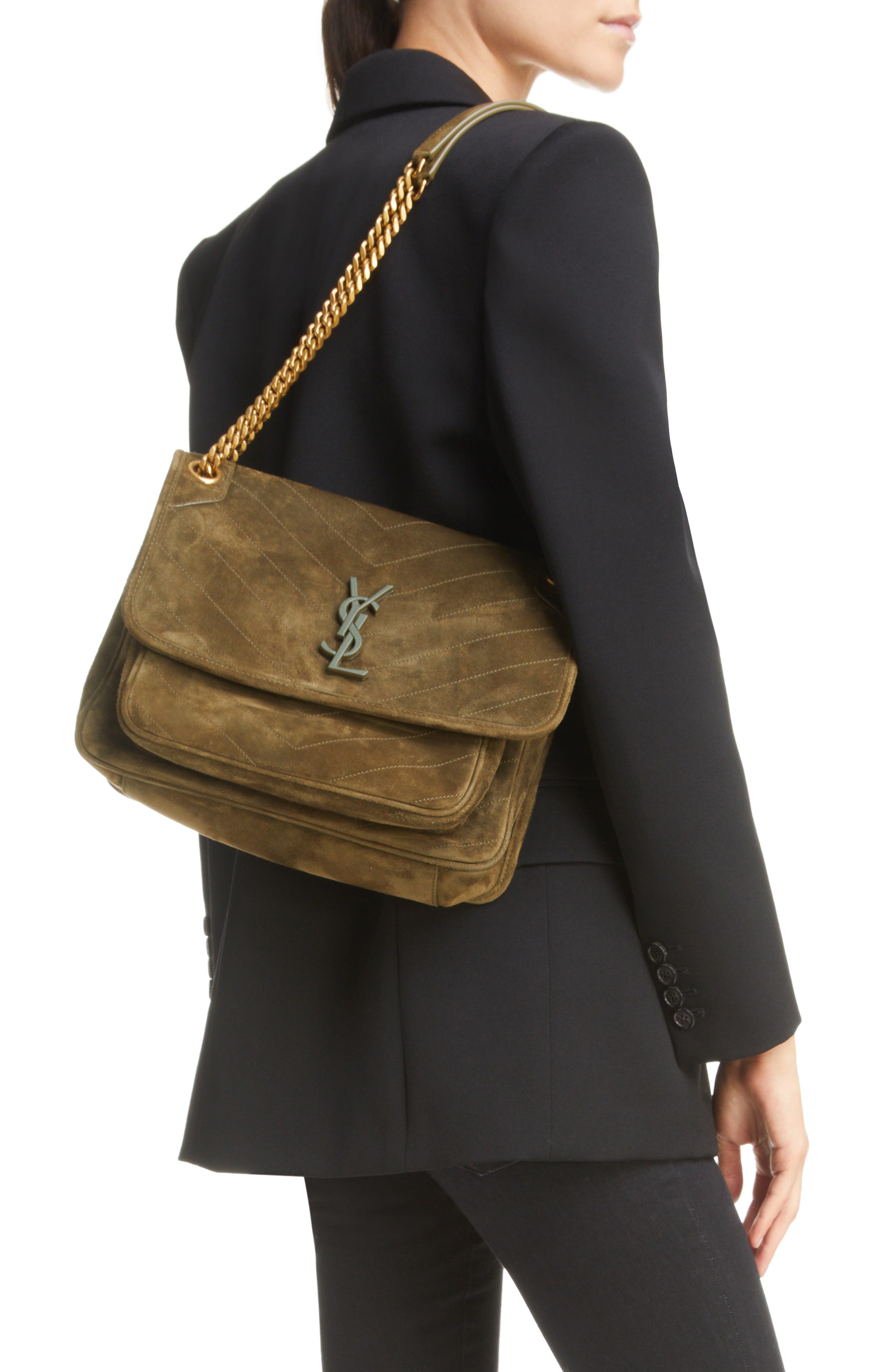 Medium Niki Suede Shoulder Bag, Alternate, color, LODEN GREEN