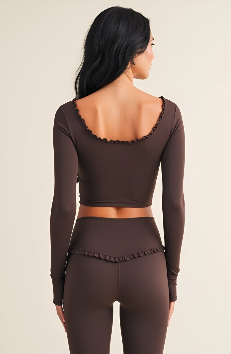 Modenaire Long Sleeve Crop Top with Ruffle Trim Square Neck and Stretch Fit, Alternate, color, 