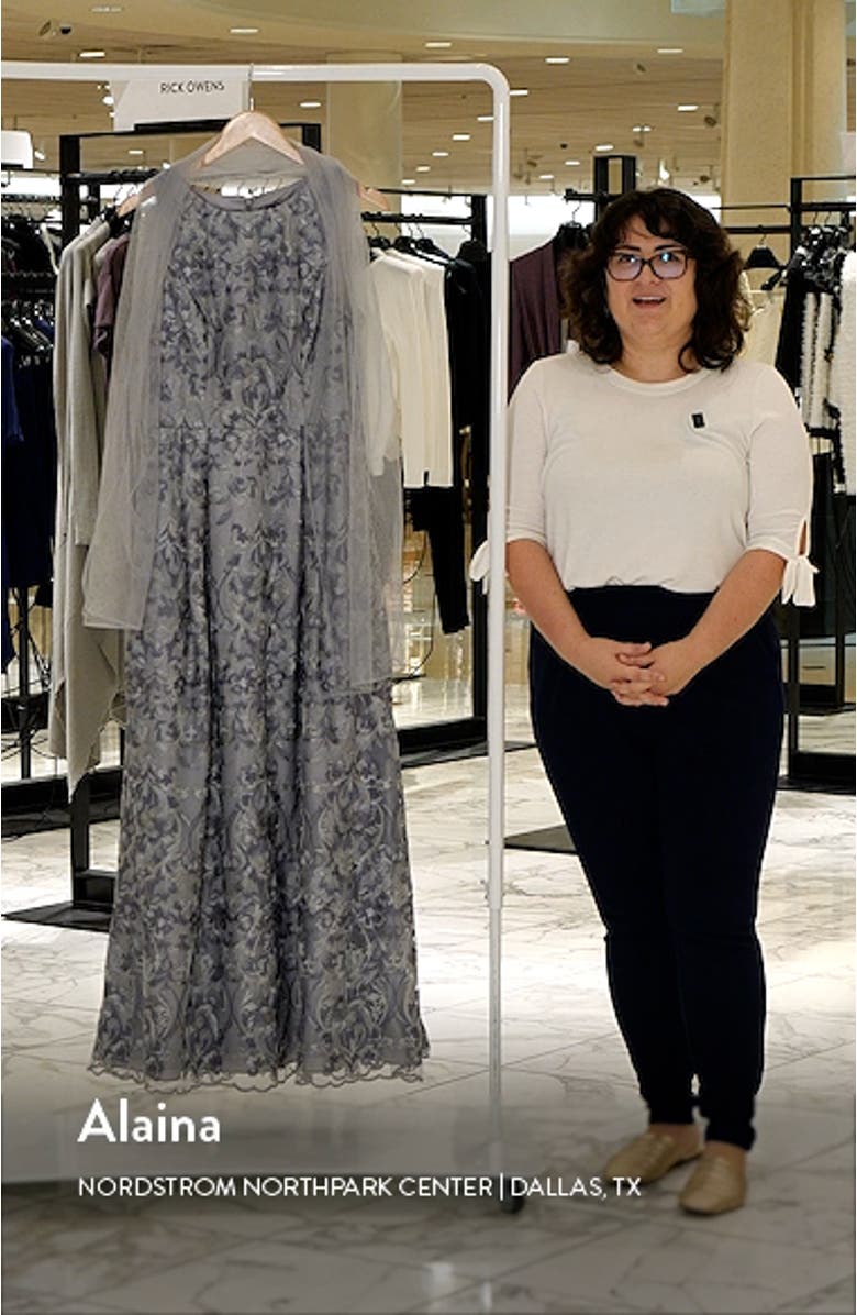 Embroidered Sleeveless Formal Gown with Mesh Shawl, sales video thumbnail