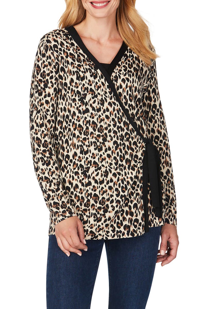 Foxcroft London Leopard Wrap Cardigan, Main, color, 