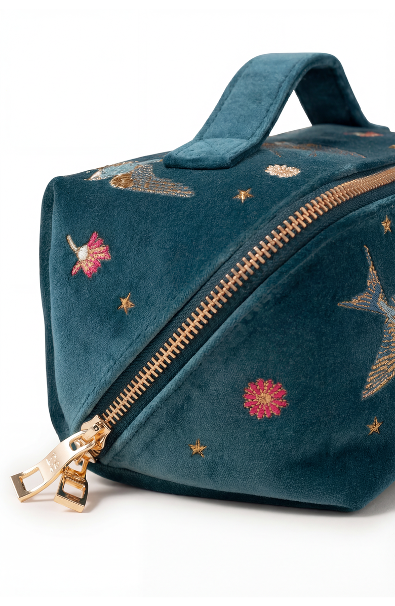 Elizabeth Scarlett Swallows Open Flat Velvet Makeup Bag, Alternate, color, Rich Blue