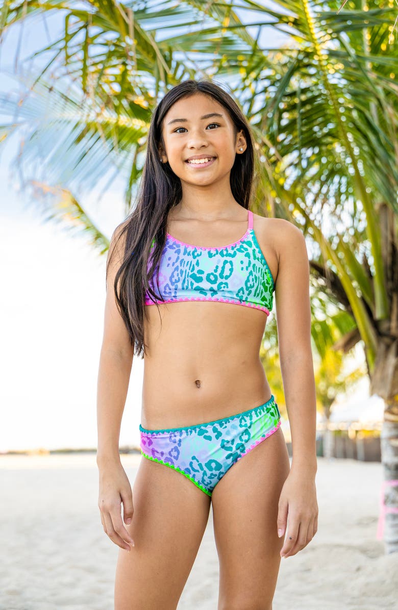 Limeapple Leopard Print Bikini with Embroidered Trim, Alternate, color, Pink Multi