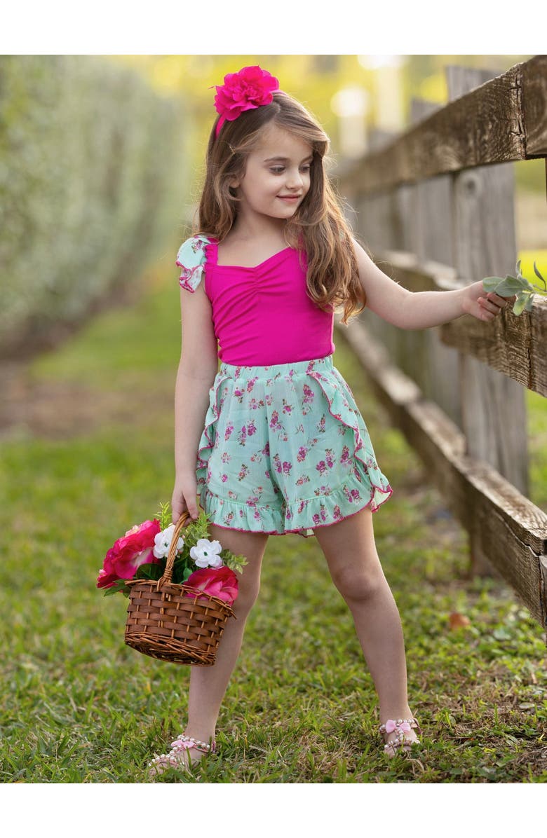 Mia Belle Girls Girls Fuchsia Floral Ruffle Top and Mint Blossom Shorts Set, Alternate, color, 